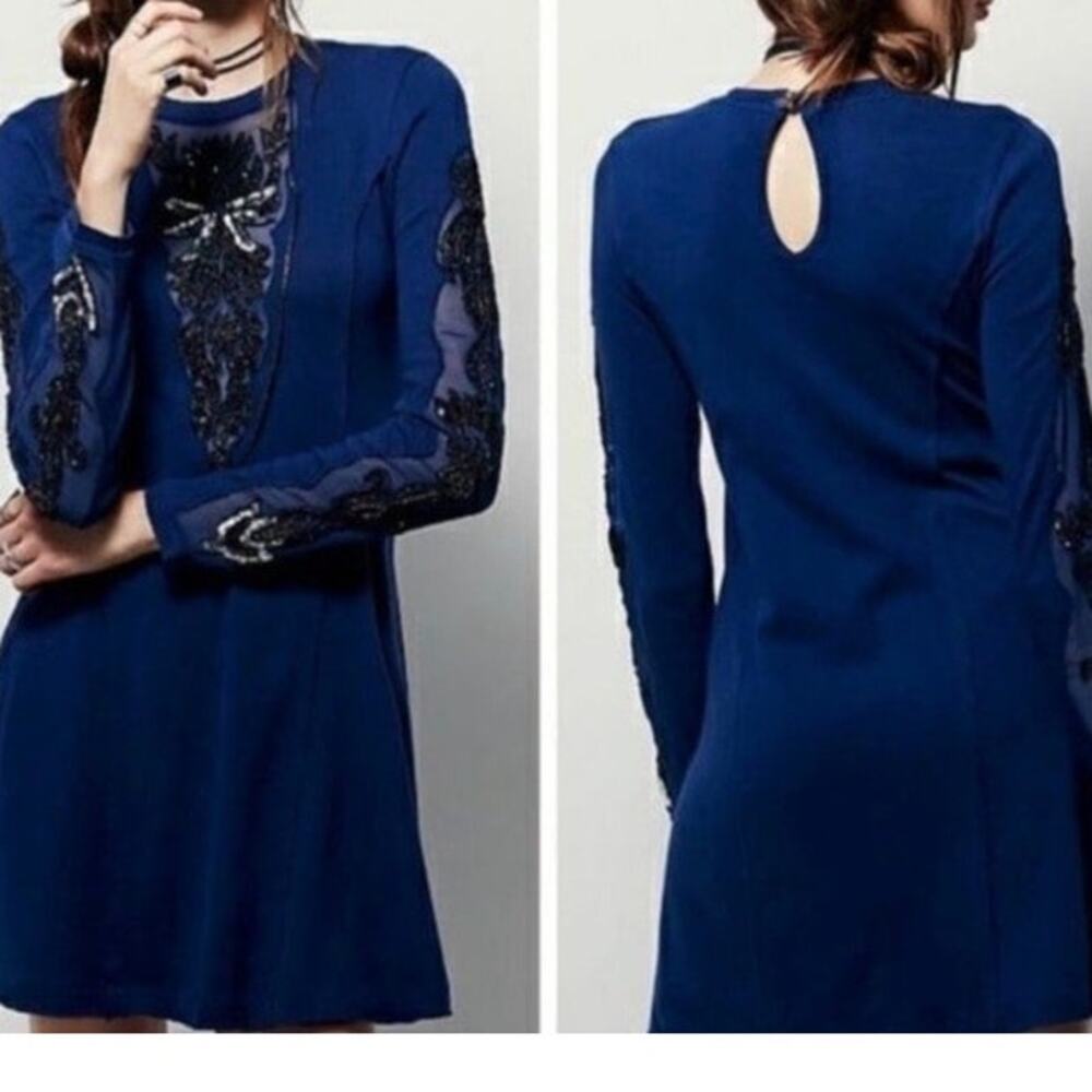 Free People New Romantics MED Skater Tunic Dress Sexy Sheer Breaded Sequins Blue